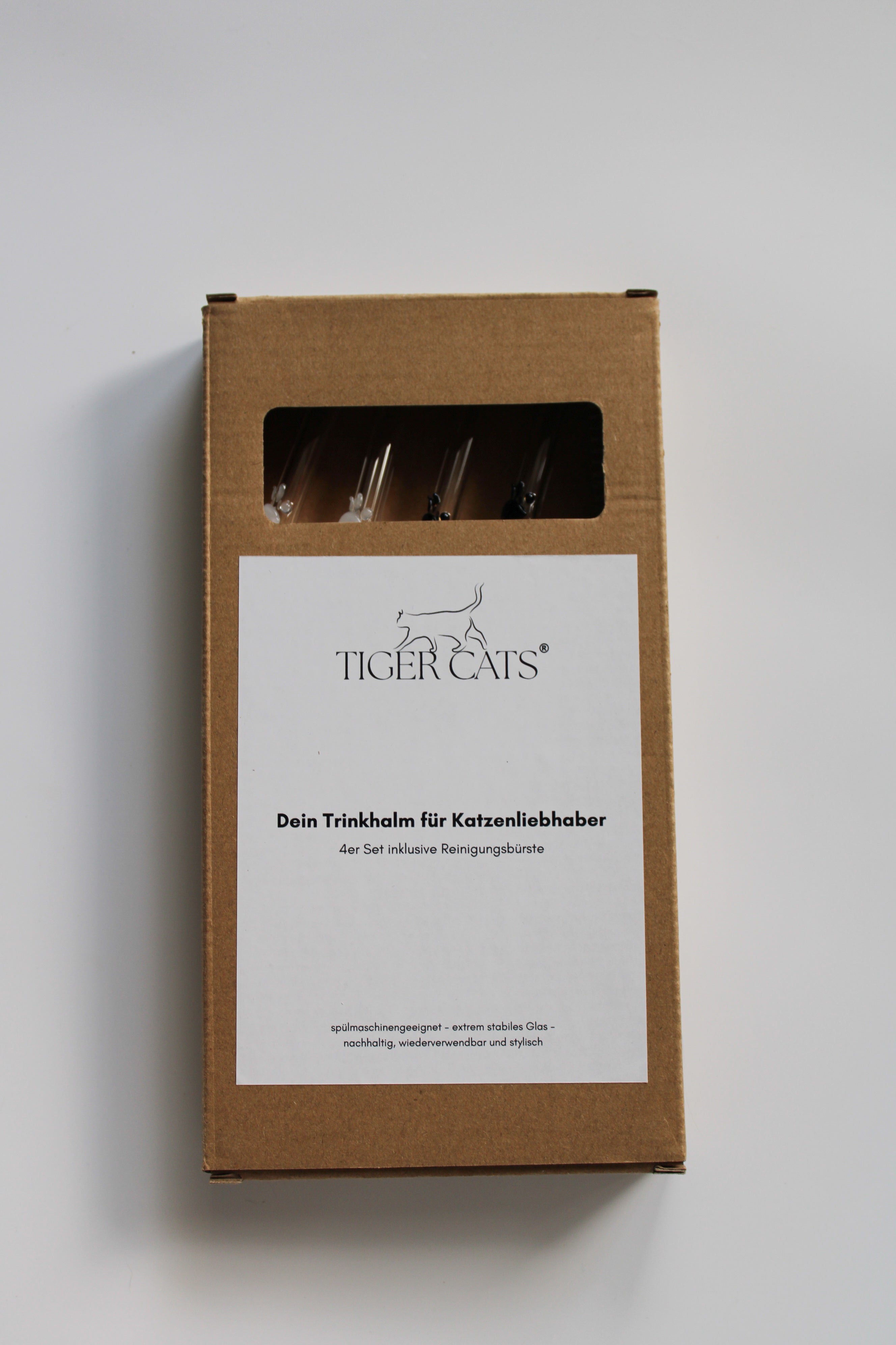 Glasstrohhalme mit Katzenpfote (4er-Set inkl. Reinigungsbürste)